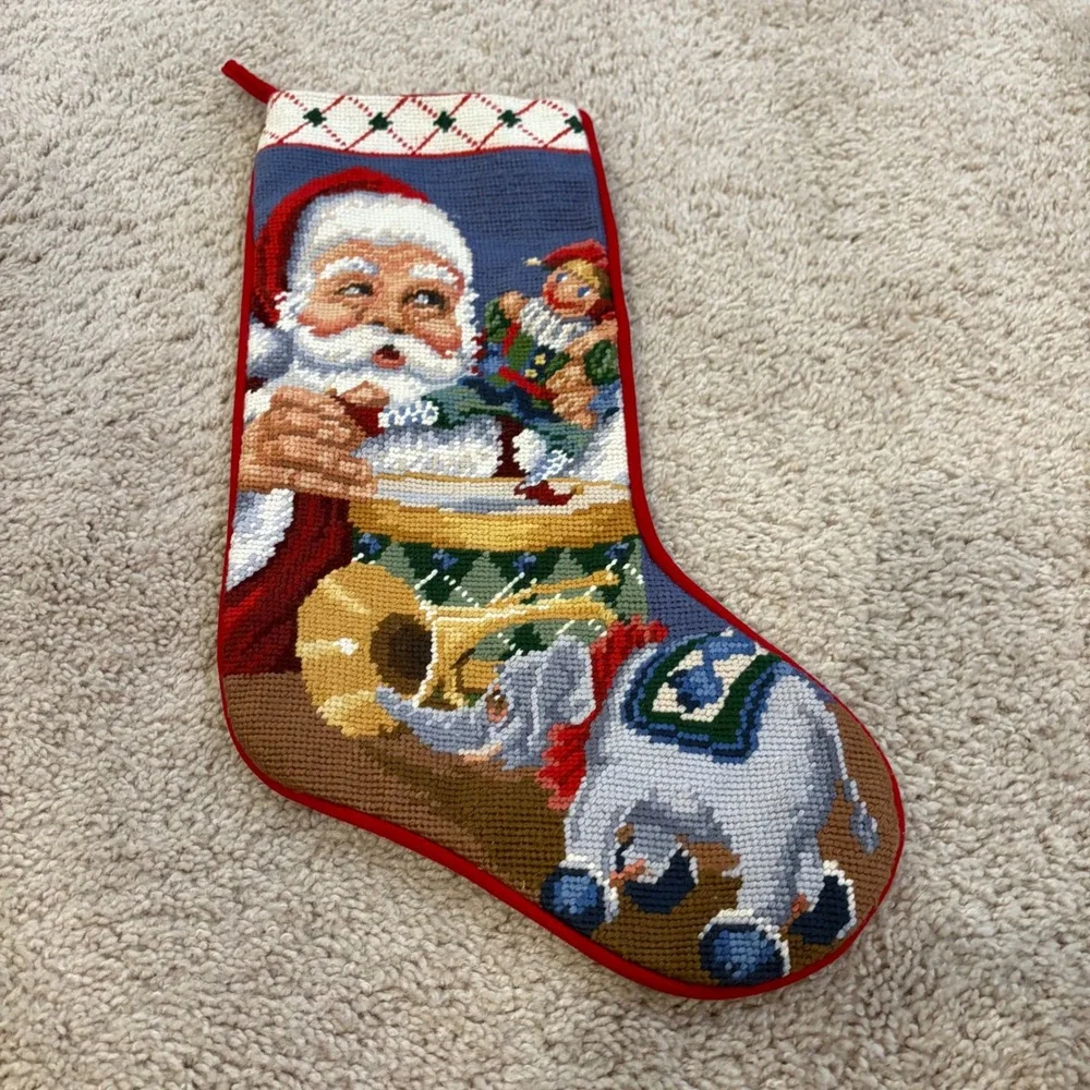 Vintage Santa Claus Christmas Stocking Needlepoint Gift Bag Soft‎ Red Backing